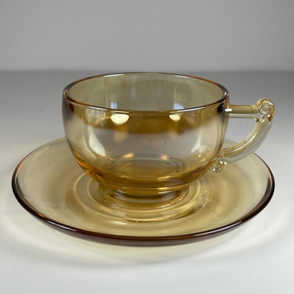 Vintage Iridescent Marigold Peach Lustre glass teacup and saucer set